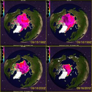 Sea ice extent on the 16th of September 1982, 1992, 2002 and 2012. Click to enlarge. (Photo: Cryosphere Today).